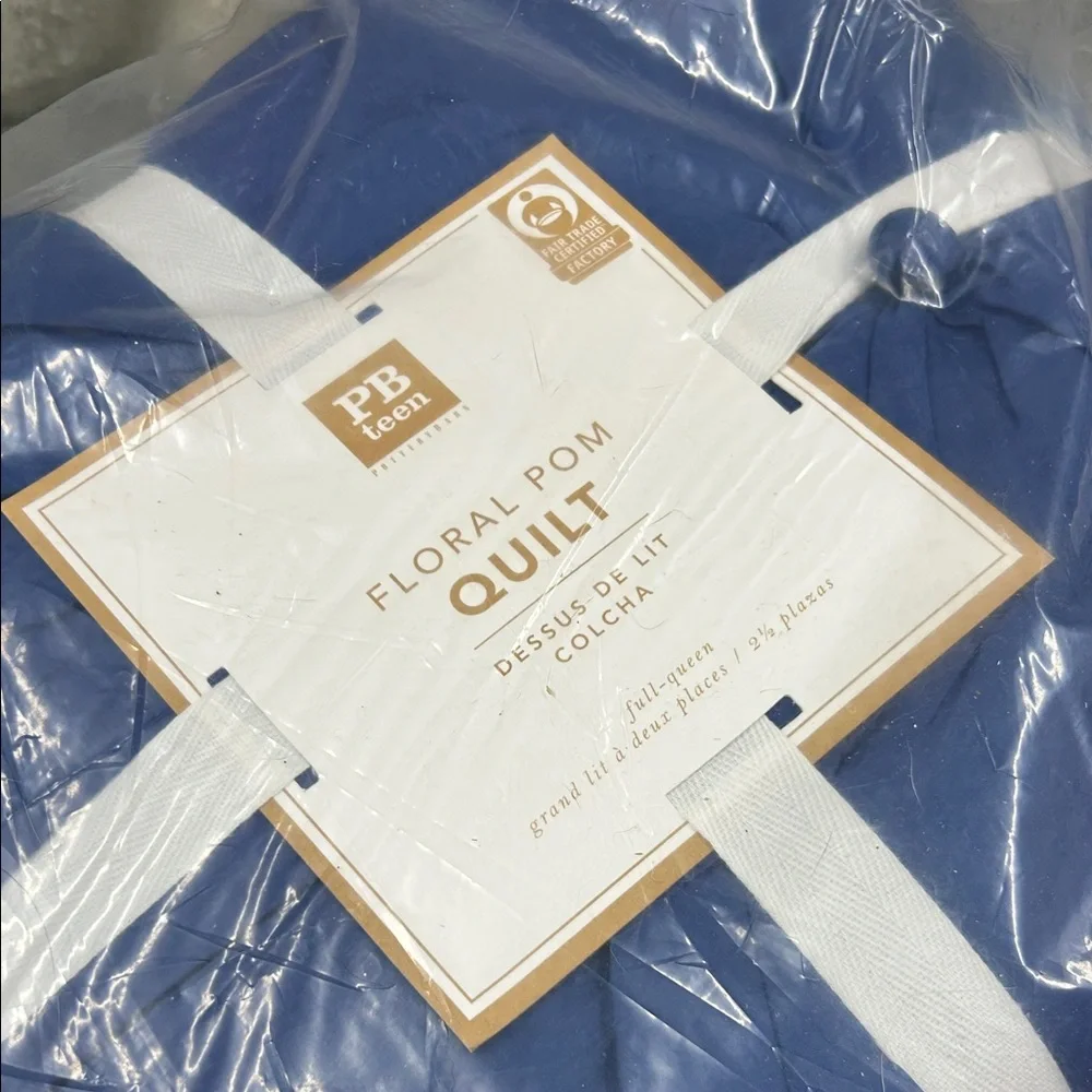 Pottery Barn Dark Blue Floral Pom Quilt Full Queen Bedding Cotton Polyester NWT